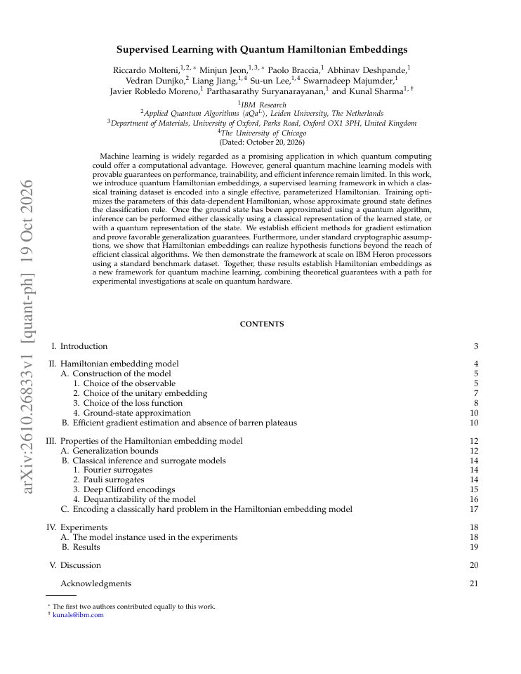 First page of Supervised Learning with Quantum Hamiltonian Embeddings