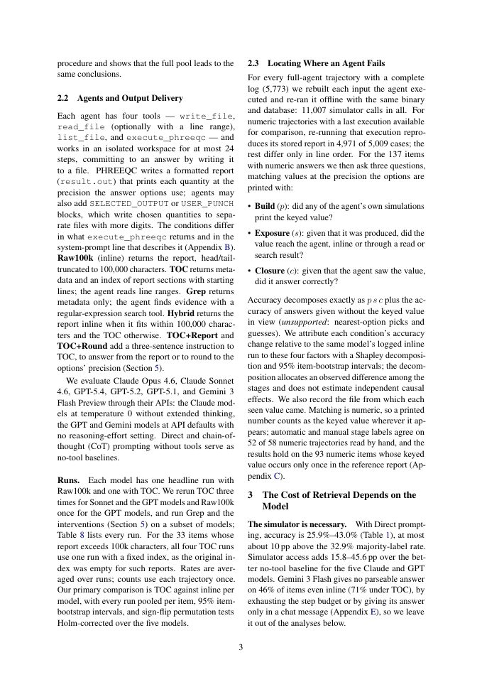 Page 3 of Same Simulation, Different Evidence: Where Retrieved Tool Output Costs LLM Agents Accuracy