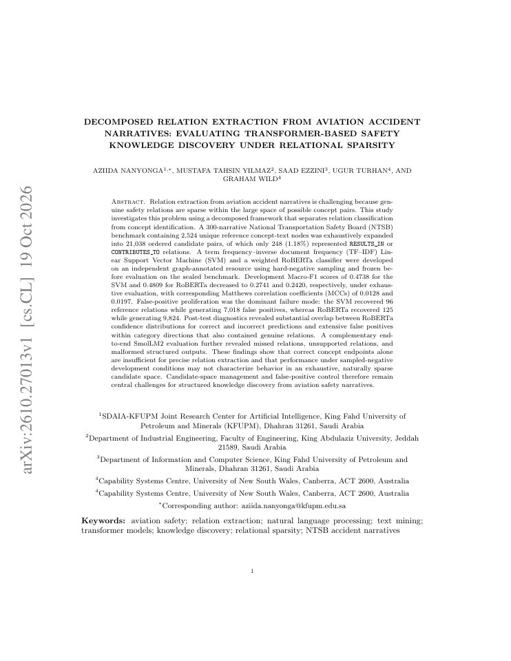 First page of Decomposed Relation Extraction from Aviation Accident Narratives: Evaluating Transformer-Based Safety Knowledge Discovery under Relational Sparsity