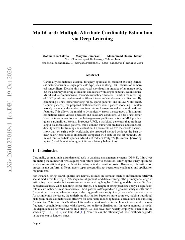 First page of MultiCard: Multiple Attribute Cardinality Estimation via Deep Learning