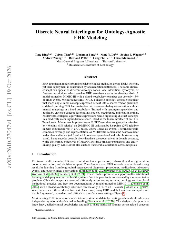 First page of Discrete Neural Interlingua for Ontology-Agnostic EHR Modeling