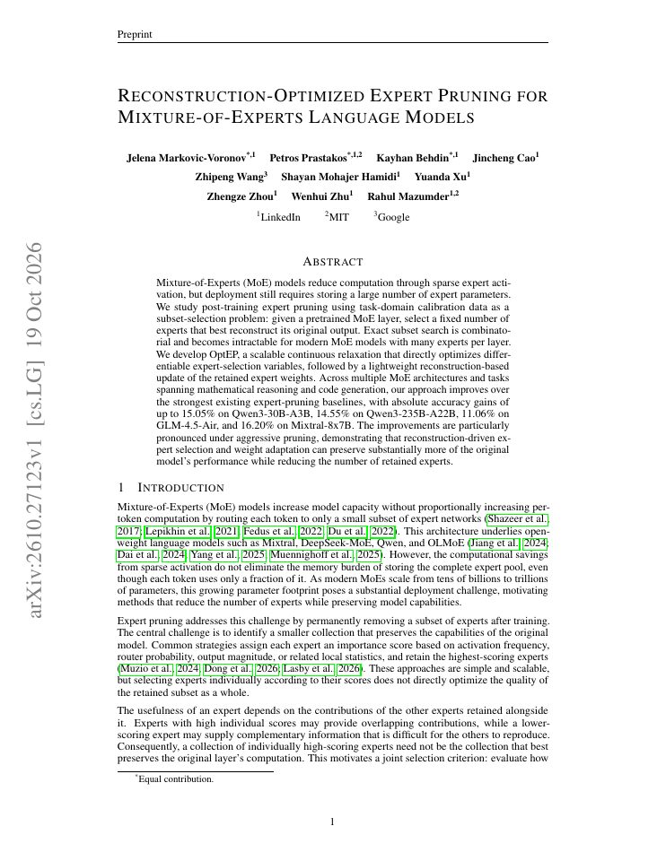 First page of Reconstruction-Optimized Expert Pruning for Mixture-of-Experts Language Models