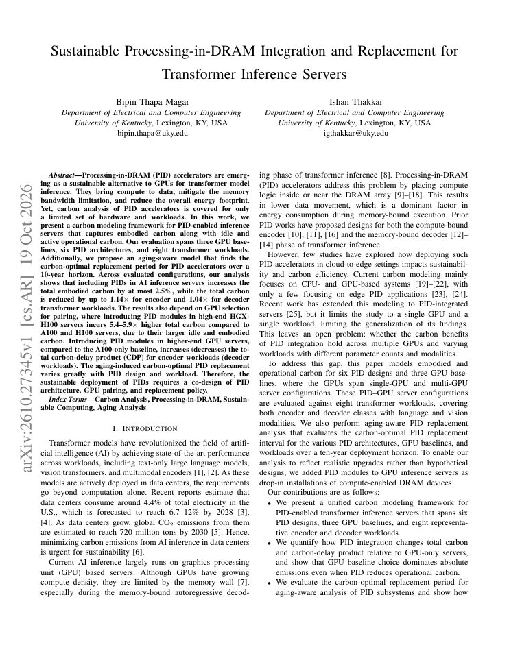 First page of Sustainable Processing-in-DRAM Integration and Replacement for Transformer Inference Servers