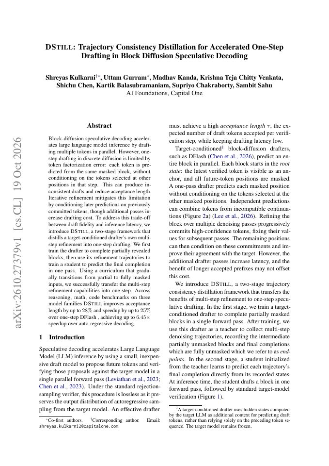 First page of DStill: Trajectory Consistency Distillation for Accelerated One-Step Drafting in Block Diffusion Speculative Decoding