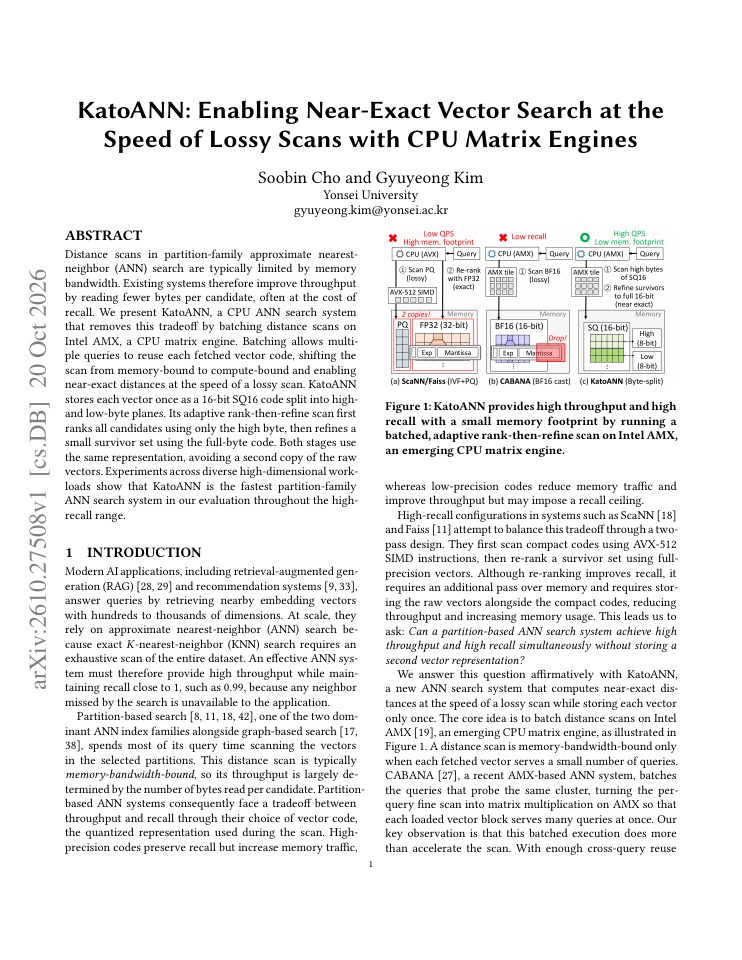 First page of KatoANN: Enabling Near-Exact Vector Search at the Speed of Lossy Scans with CPU Matrix Engines