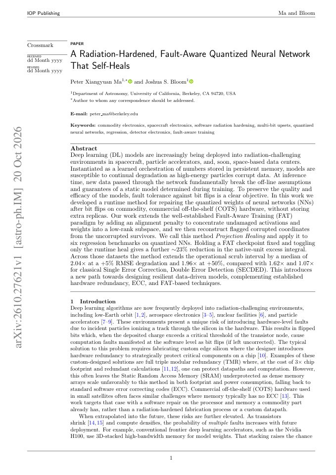 First page of A Radiation-Hardened, Fault-Aware Quantized Neural Network That Self-Heals