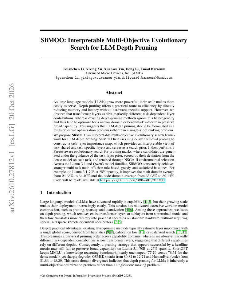 First page of SliMOO: Interpretable Multi-Objective Evolutionary Search for LLM Depth Pruning