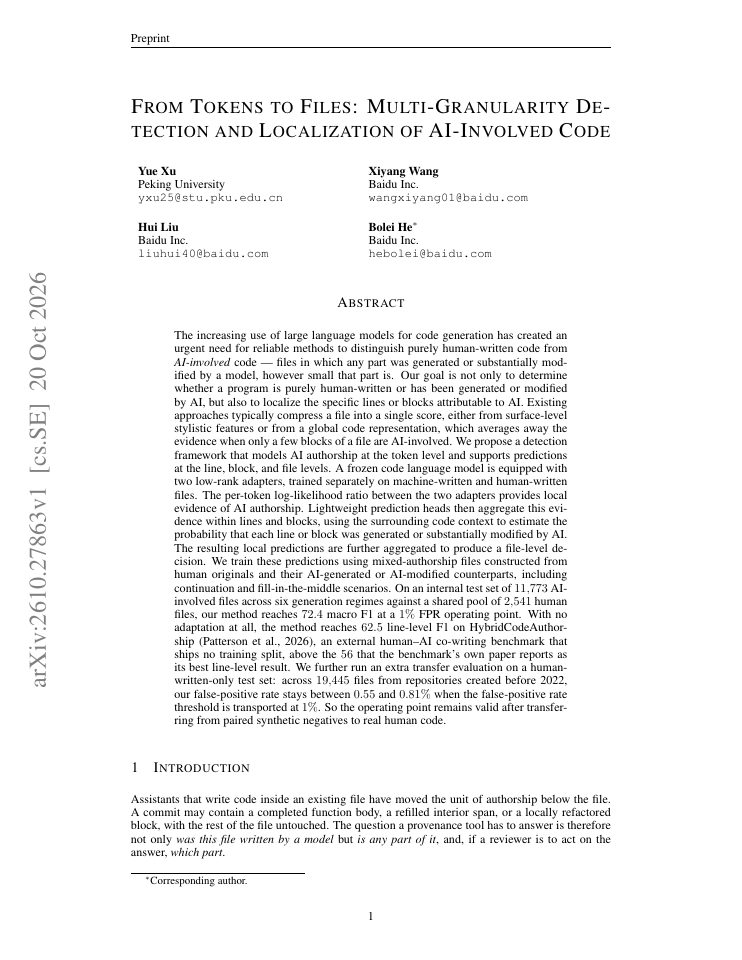 First page of From Tokens to Files: Multi-Granularity Detection and Localization of AI-Involved Code