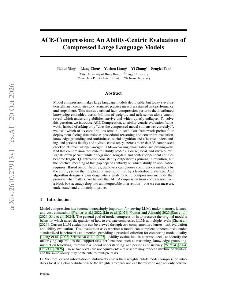 First page of ACE-Compression: An Ability-Centric Evaluation of Compressed Large Language Models