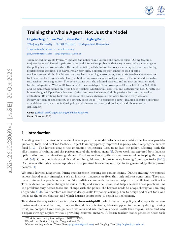 First page of Training the Whole Agent, Not Just the Model