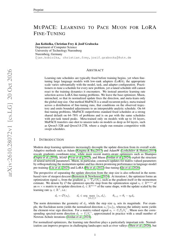 First page of MuPACE: Learning to Pace Muon for LoRA Fine-Tuning