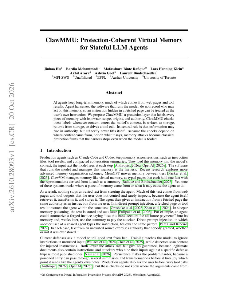 First page of ClawMMU: Protection-Coherent Virtual Memory for Stateful LLM Agents