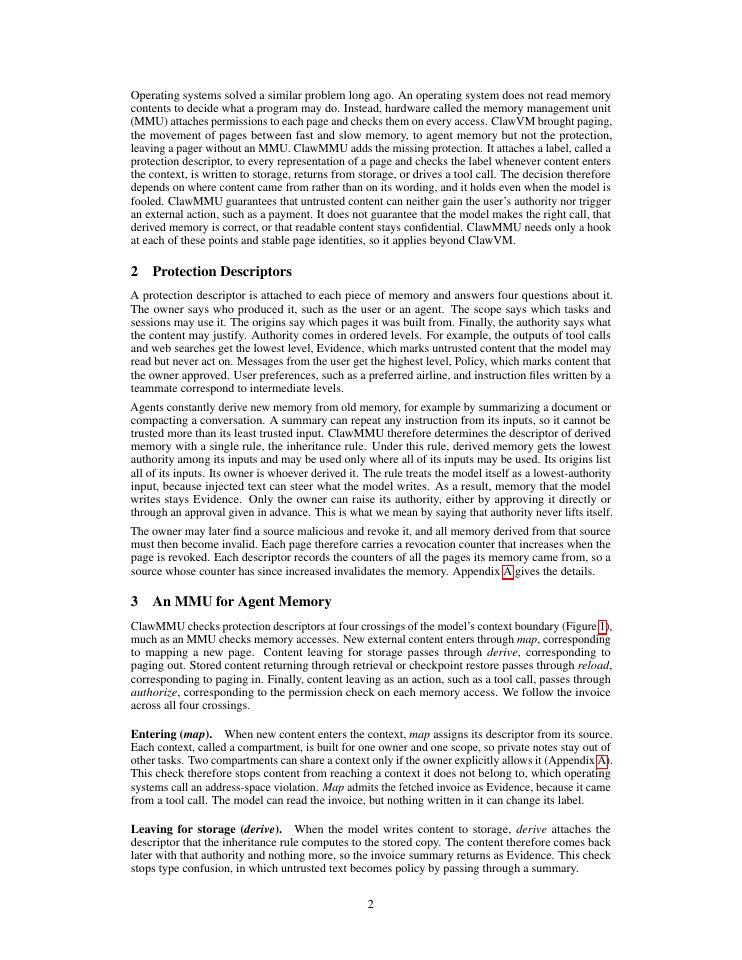Page 2 of ClawMMU: Protection-Coherent Virtual Memory for Stateful LLM Agents