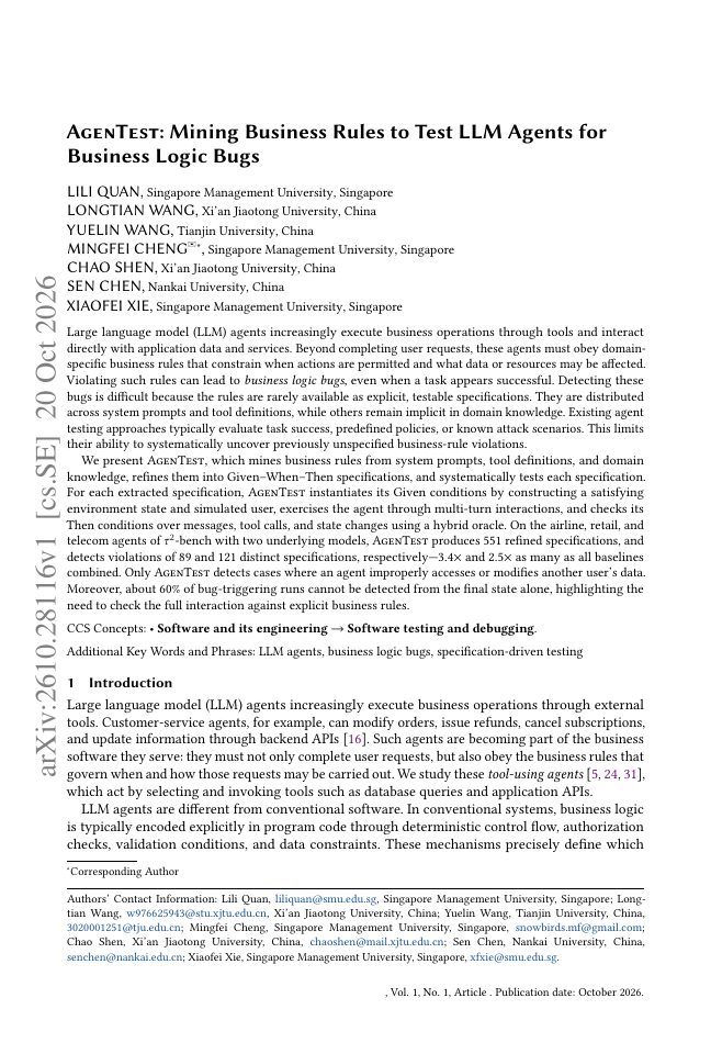 First page of AgenTest: Mining Business Rules to Test LLM Agents for Business Logic Bugs