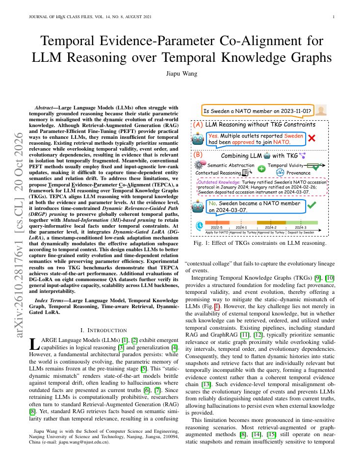 First page of Temporal Evidence-Parameter Co-Alignment for LLM Reasoning over Temporal Knowledge Graphs