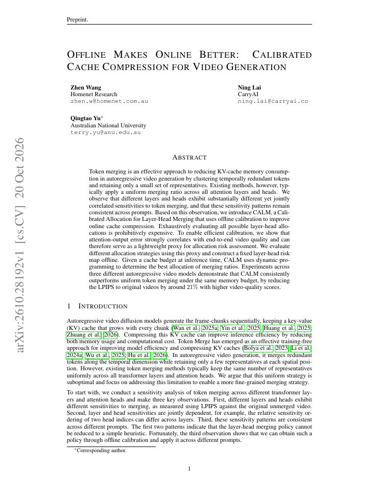 First page of Offline Makes Online Better: Calibrated Cache Compression for Video Generation