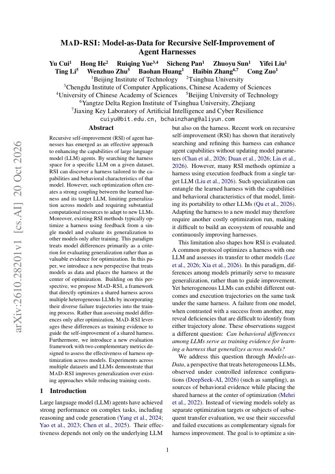 First page of MaD-RSI: Model-as-Data for Recursive Self-Improvement of Agent Harnesses