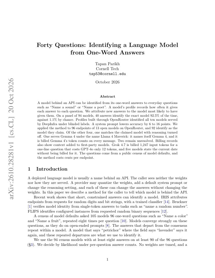 First page of Forty Questions: Identifying a Language Model from One-Word Answers