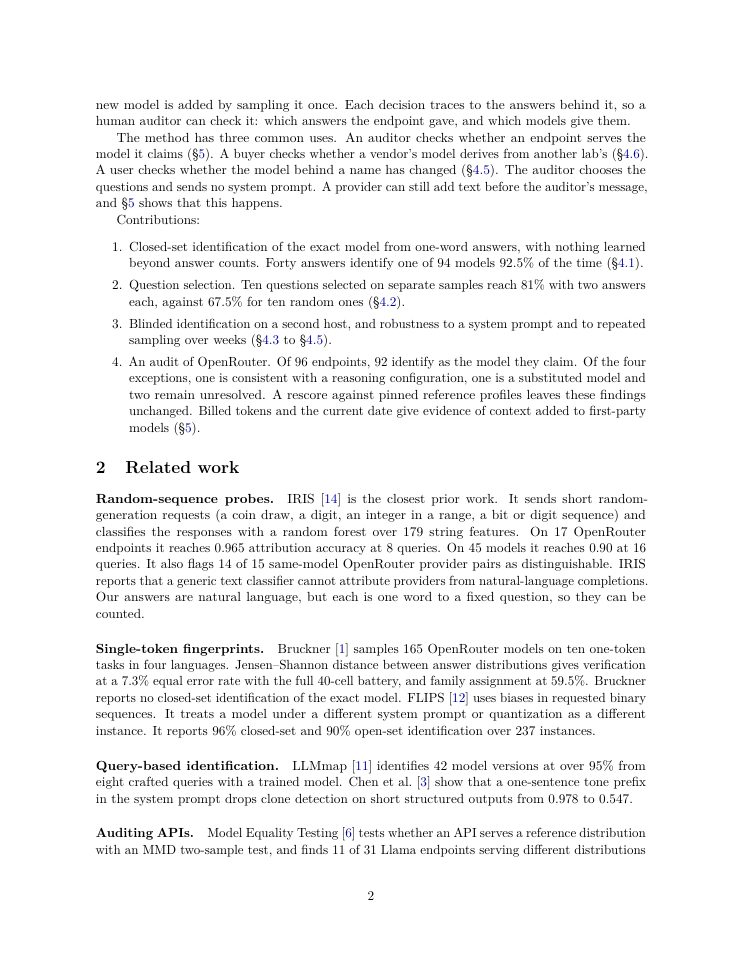 Page 2 of Forty Questions: Identifying a Language Model from One-Word Answers