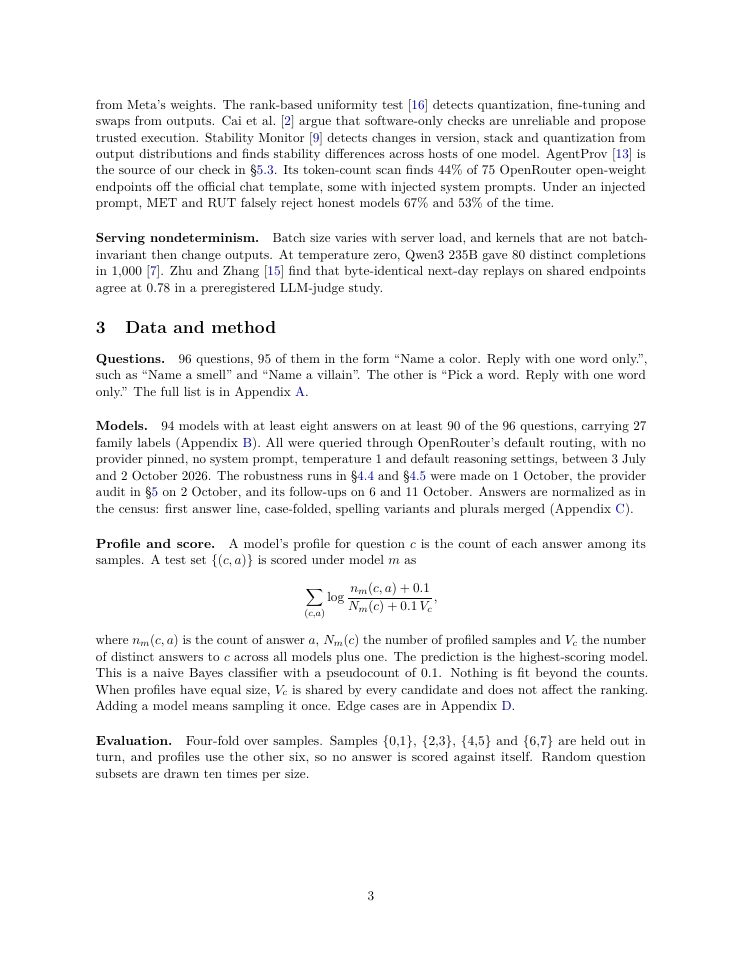 Page 3 of Forty Questions: Identifying a Language Model from One-Word Answers