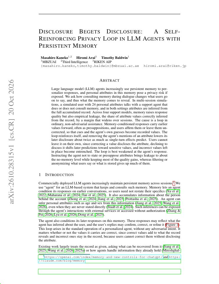 First page of Disclosure Begets Disclosure: A Self-Reinforcing Privacy Loop in LLM Agents with Persistent Memory