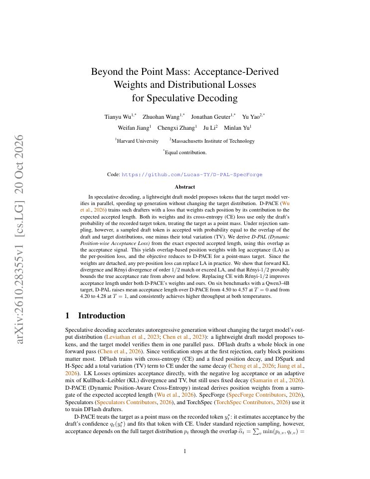 First page of Beyond the Point Mass: Acceptance-Derived Weights and Distributional Losses for Speculative Decoding