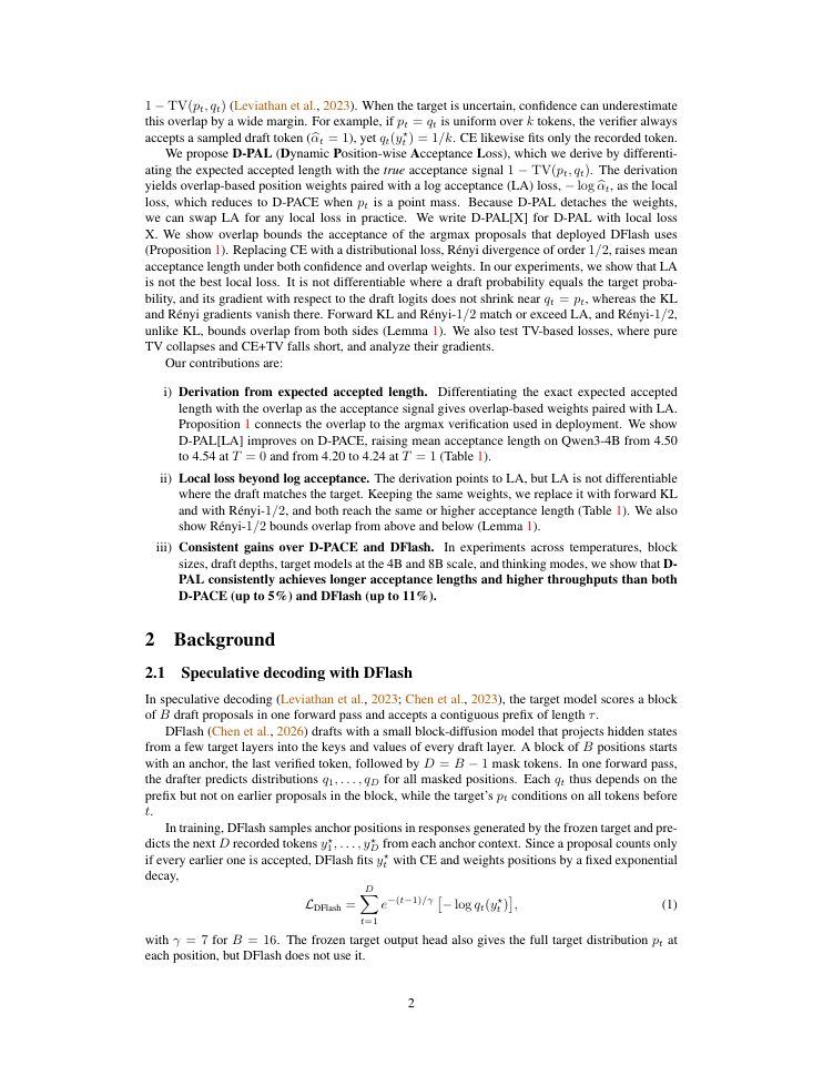 Page 2 of Beyond the Point Mass: Acceptance-Derived Weights and Distributional Losses for Speculative Decoding