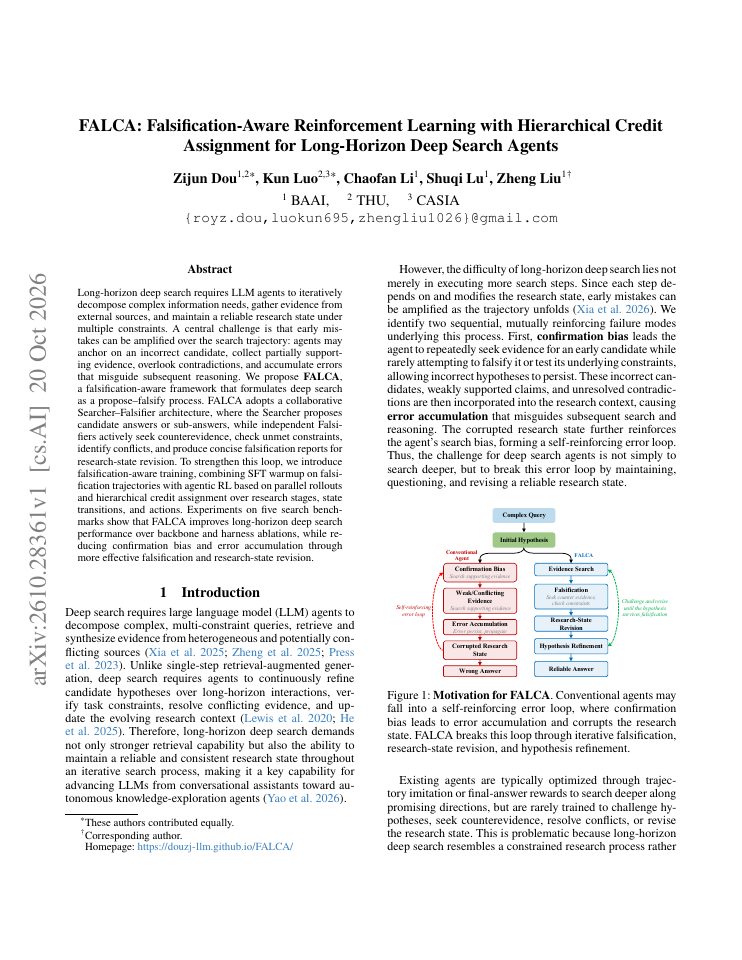 First page of FALCA: Falsification-Aware Reinforcement Learning with Hierarchical Credit Assignment for Long-Horizon Deep Search Agents