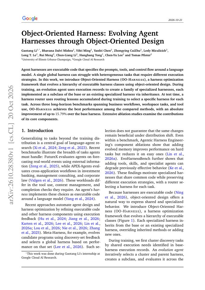 First page of Object-Oriented Harness: Evolving Agent Harnesses through Object-Oriented Design