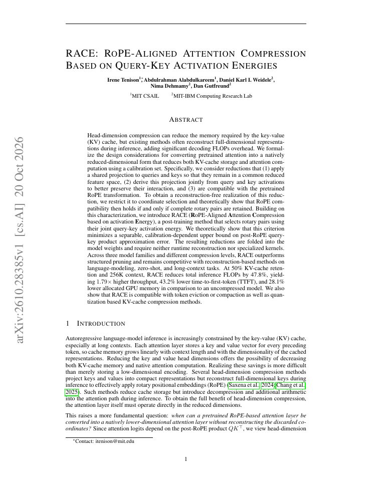 First page of RACE: RoPE-Aligned Attention Compression Based on Query-Key Activation Energies