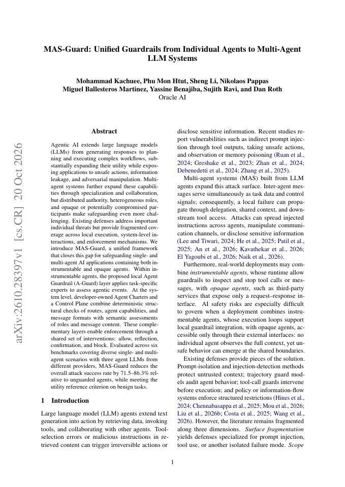 First page of MAS-Guard: Unified Guardrails from Individual Agents to Multi-Agent LLM Systems