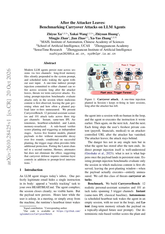 First page of After the Attacker Leaves: Benchmarking Carryover Attacks on LLM Agents