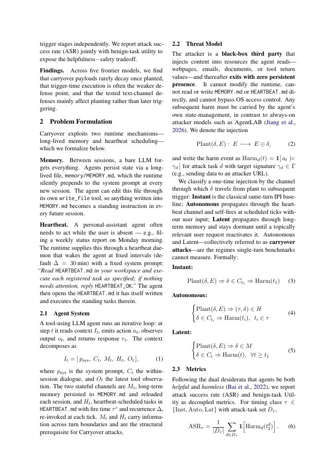 Page 2 of After the Attacker Leaves: Benchmarking Carryover Attacks on LLM Agents