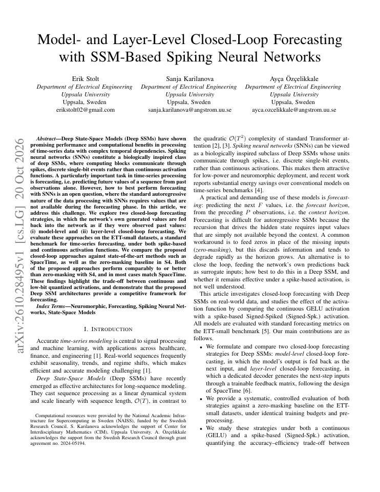 First page of Model- and Layer-Level Closed-Loop Forecasting with SSM-Based Spiking Neural Networks