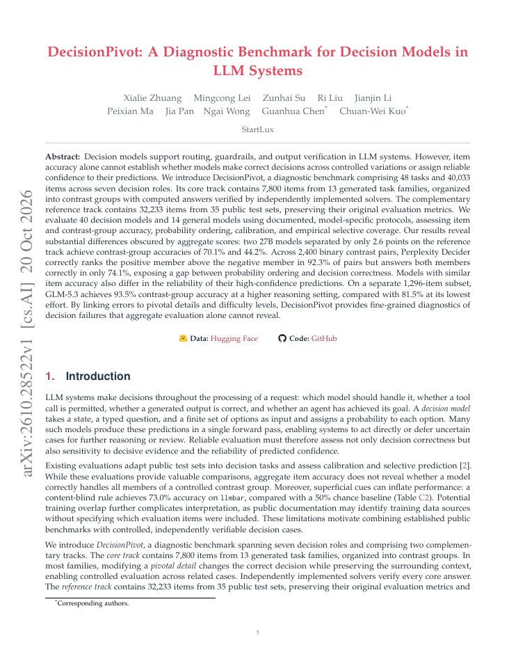 First page of DecisionPivot: A Diagnostic Benchmark for Decision Models in LLM Systems