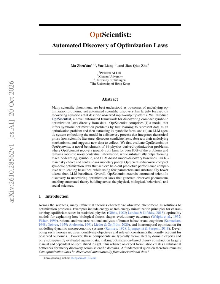 First page of OptScientist: Automated Discovery of Optimization Laws