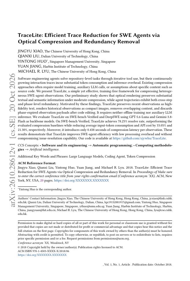 First page of TraceLite: Efficient Trace Reduction for SWE Agents via Optical Compression and Redundancy Removal
