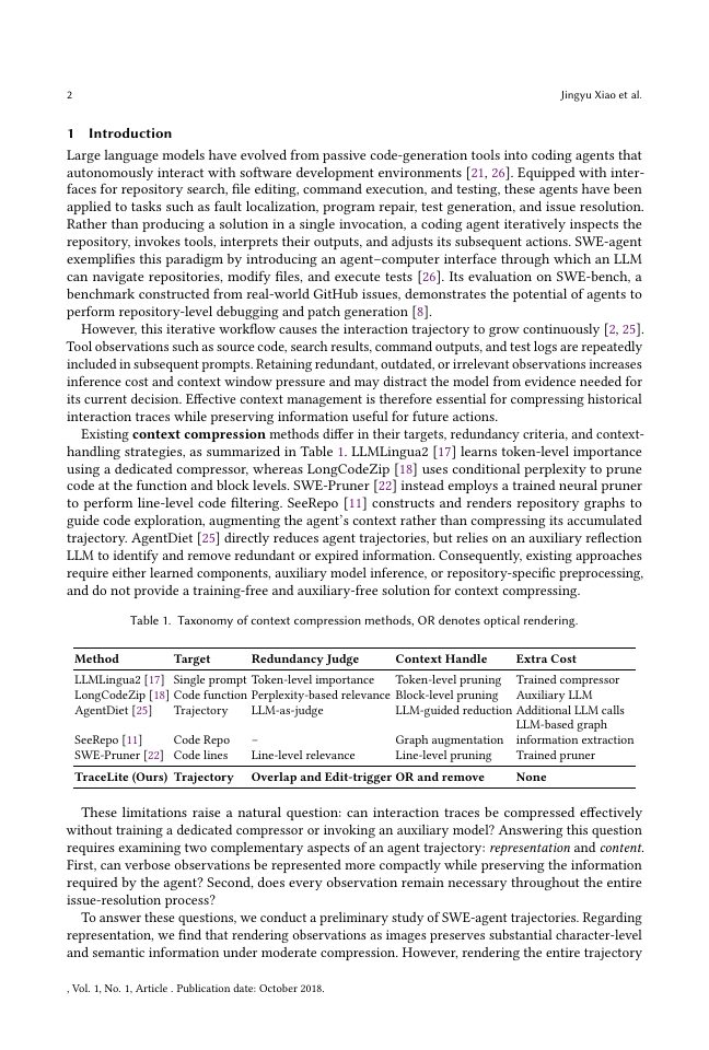 Page 2 of TraceLite: Efficient Trace Reduction for SWE Agents via Optical Compression and Redundancy Removal