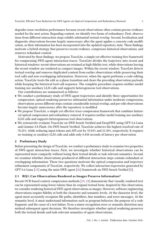 Page 3 of TraceLite: Efficient Trace Reduction for SWE Agents via Optical Compression and Redundancy Removal