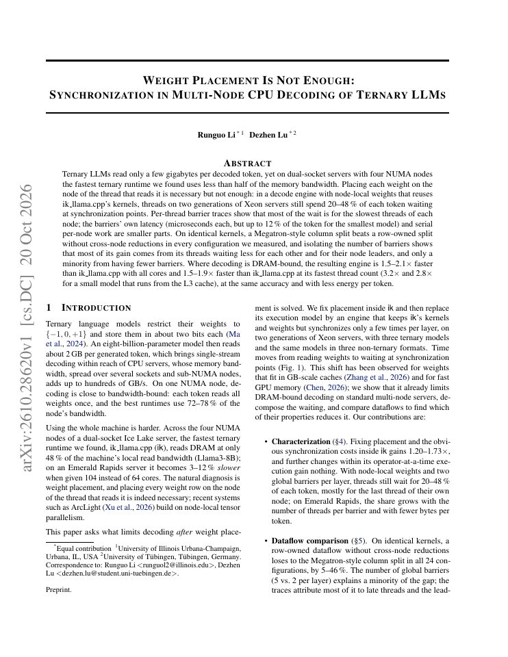 First page of Weight Placement Is Not Enough: Synchronization in Multi-Node CPU Decoding of Ternary LLMs