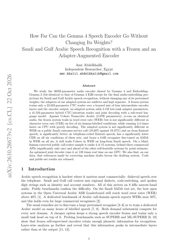 First page of How Far Can the Gemma 4 Speech Encoder Go Without Changing Its Weights? Saudi and Gulf Arabic Speech Recognition with a Frozen and an Adapter-Augmented Encoder