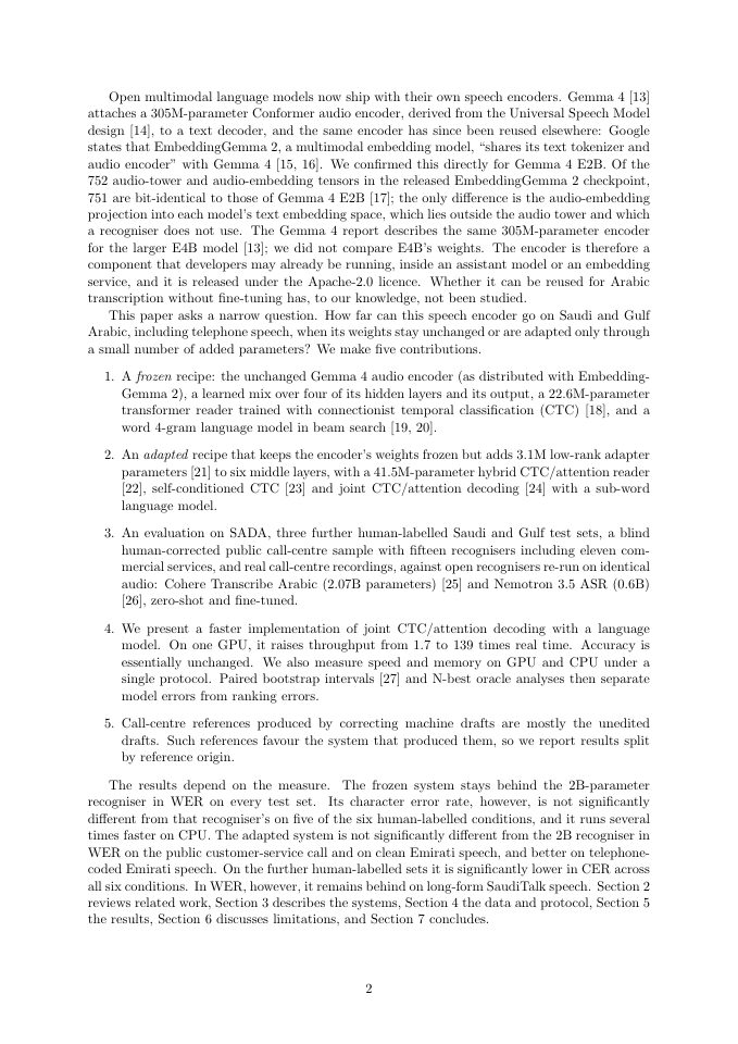 Page 2 of How Far Can the Gemma 4 Speech Encoder Go Without Changing Its Weights? Saudi and Gulf Arabic Speech Recognition with a Frozen and an Adapter-Augmented Encoder