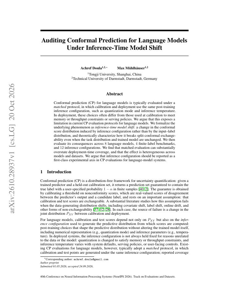 First page of Auditing Conformal Prediction for Language Models Under Inference-Time Model Shift