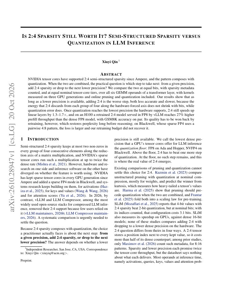 First page of Is 2:4 Sparsity Still Worth It? Semi-Structured Sparsity versus Quantization in LLM Inference