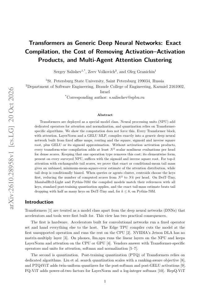 First page of Transformers as Generic Deep Neural Networks: Exact Compilation, the Cost of Removing Activation-Activation Products, and Multi-Agent Attention Clustering