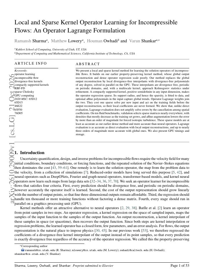 First page of Local and Sparse Kernel Operator Learning for Incompressible Flows: An Operator Lagrange Formulation