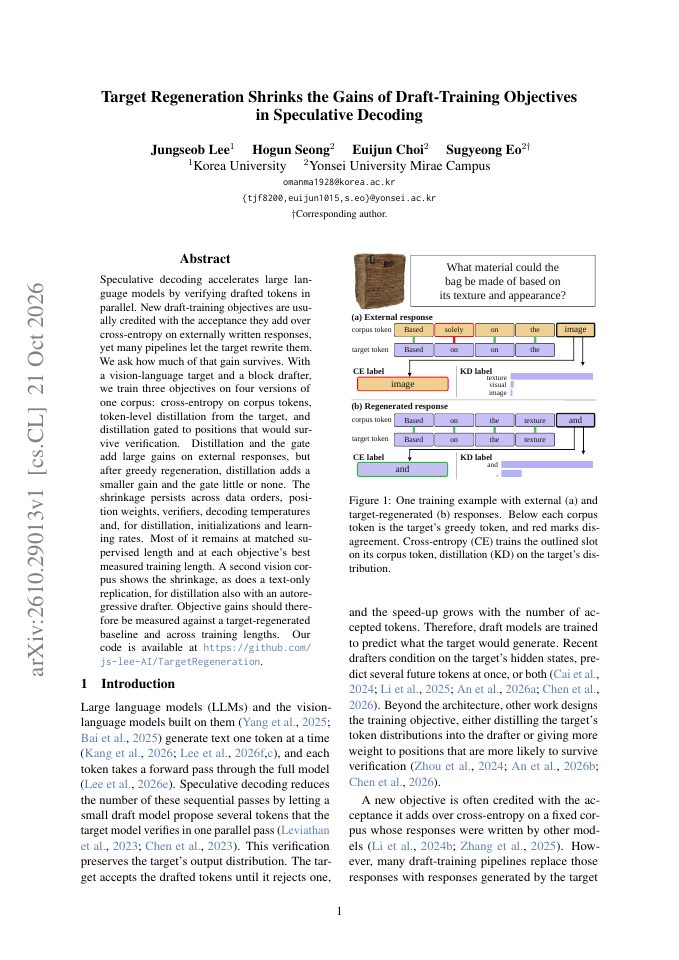 First page of Target Regeneration Shrinks the Gains of Draft-Training Objectives in Speculative Decoding