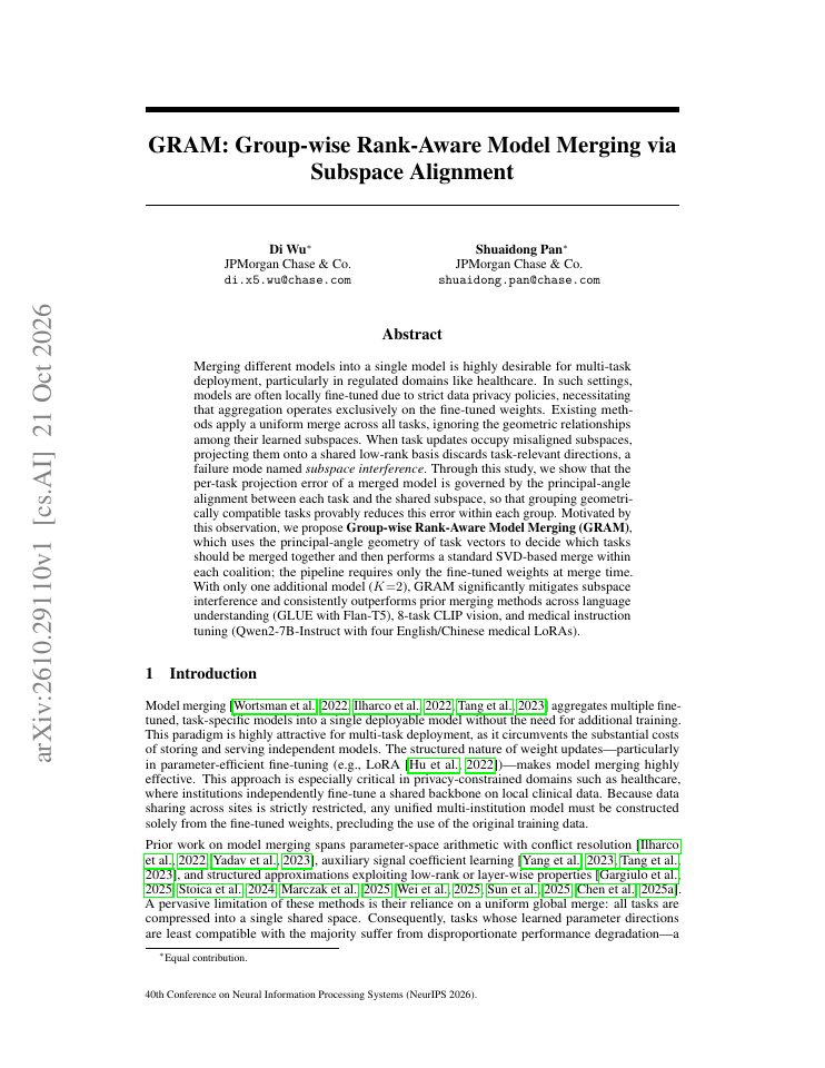 First page of GRAM: Group-wise Rank-Aware Model Merging via Subspace Alignment