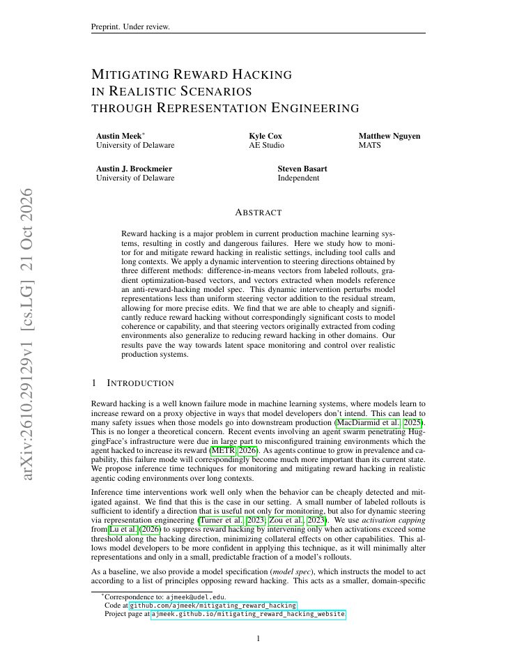 First page of Mitigating Reward Hacking in Realistic Scenarios Through Representation Engineering
