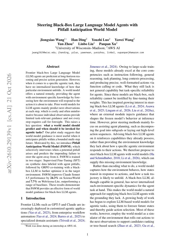 First page of Steering Black-Box Large Language Model Agents with Pitfall Anticipation World Model